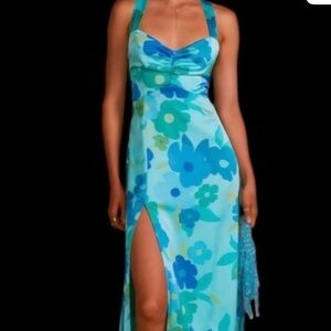 Show Me Your Mumu Mina Turquoise Floral Midi Dress Small Slit Resort Vacation